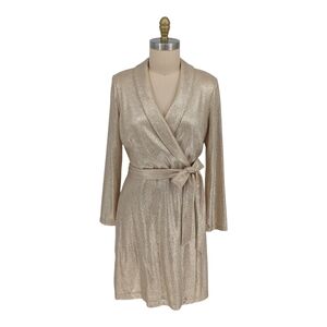 30177 Adrianna Papell Metallic Faux Wrap Dress Gold Size 14 preppy holiday